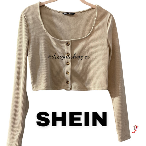 Shein Tan Ribbed Textured Button Down Crop Top Size Med - Picture 1 of 5